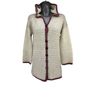Handmade Knit Hooded Longline Beige Burgundy Granny Button Up Cardigan Sweater M